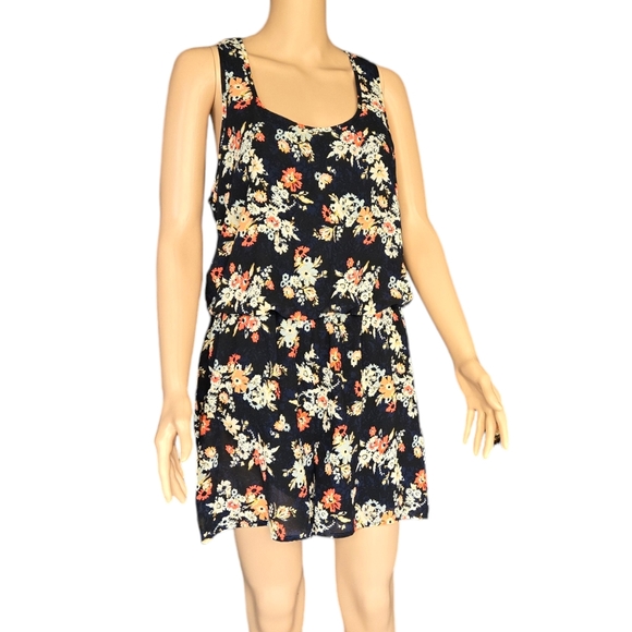 Xhiliration Short Floral Skort Dress Sz Large Dark Blue White Orange Sleeveless - Picture 1 of 5